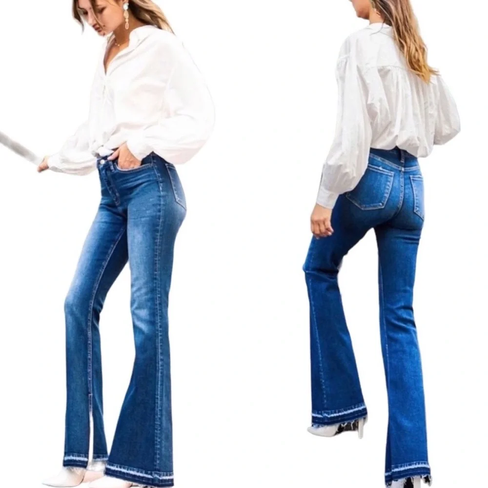 Flying Monkey High Rise Side Slit Released Hem Flare Jeans Deep Love Size 29 - Picture 2 of 13